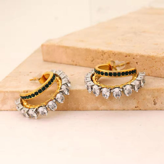 Crown Jewel Crystal Encrusted Green and White Stone Earrings